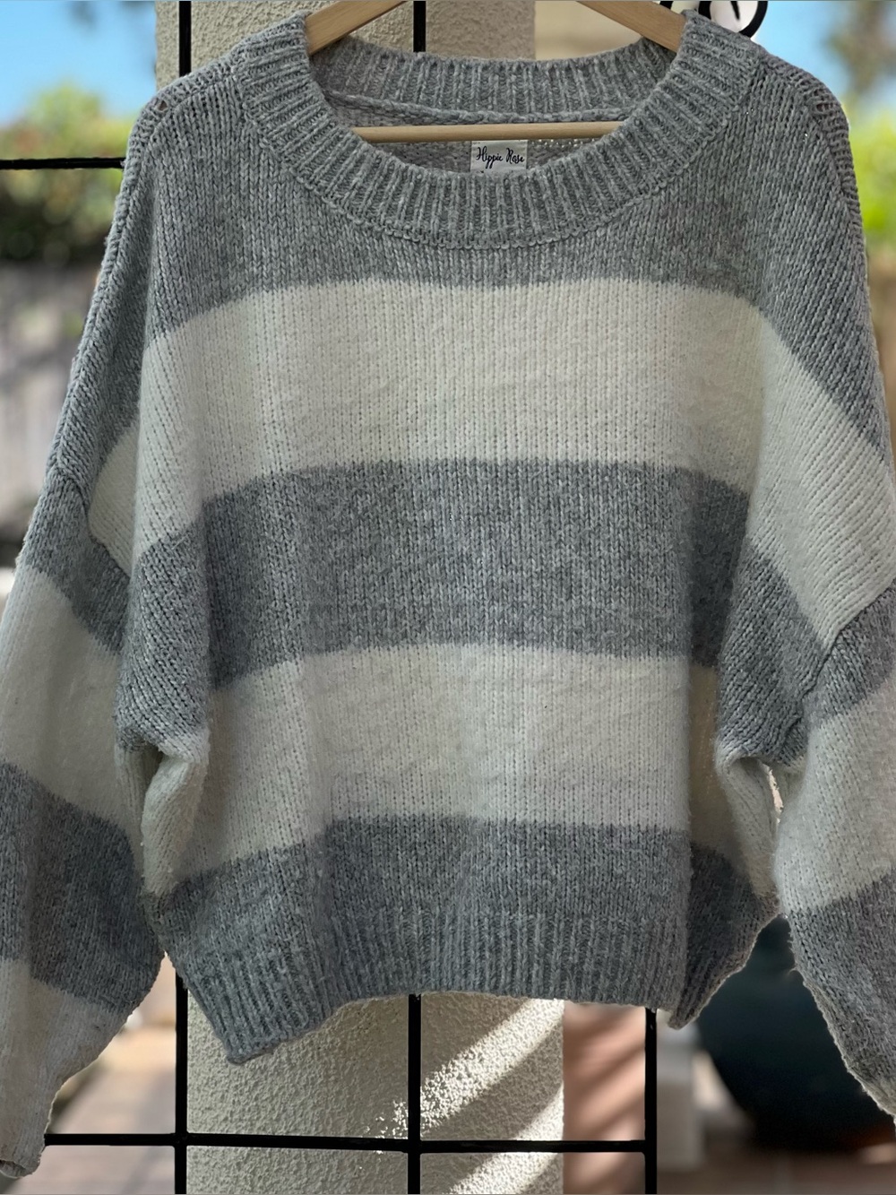 Women’s Striped Gray & White Cozy Knit Sweater - Hippie Rose, Size Small